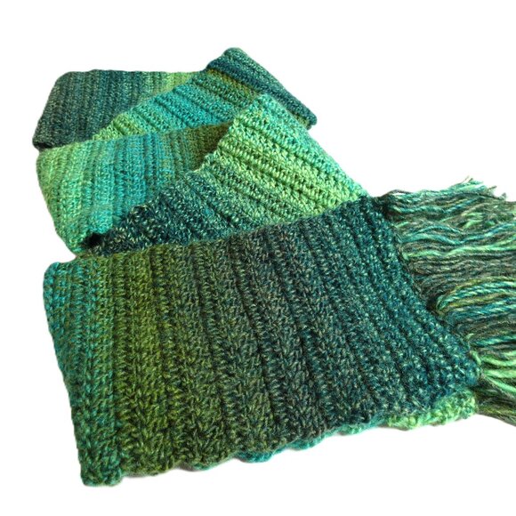 Green Scarf & Hat SET Extra Long Stripes Handmade Crochet Hand Knit Warm NWT - Picture 6 of 11